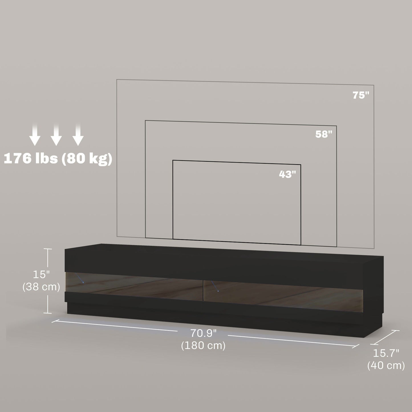 Lighted TV Stand for TVs up to 75", TV Cabinet with Storage for Living Room, High Gloss Black
