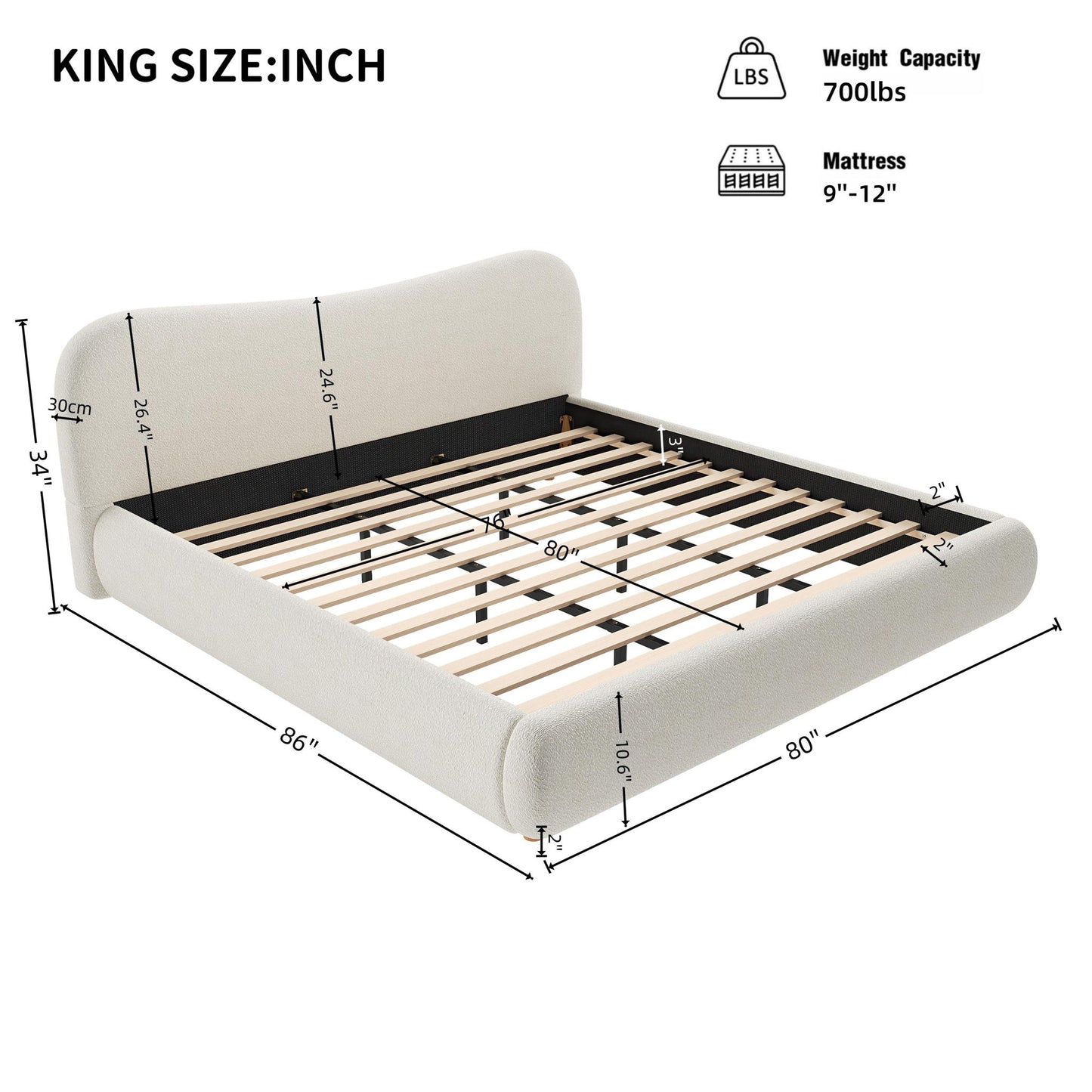 King Size Platform Bed with Smooth Curved Headboard, Plywood Frame, Upholstered Bed with Reinforced Slats, 86'' L x 80'' W x 34'' H, White