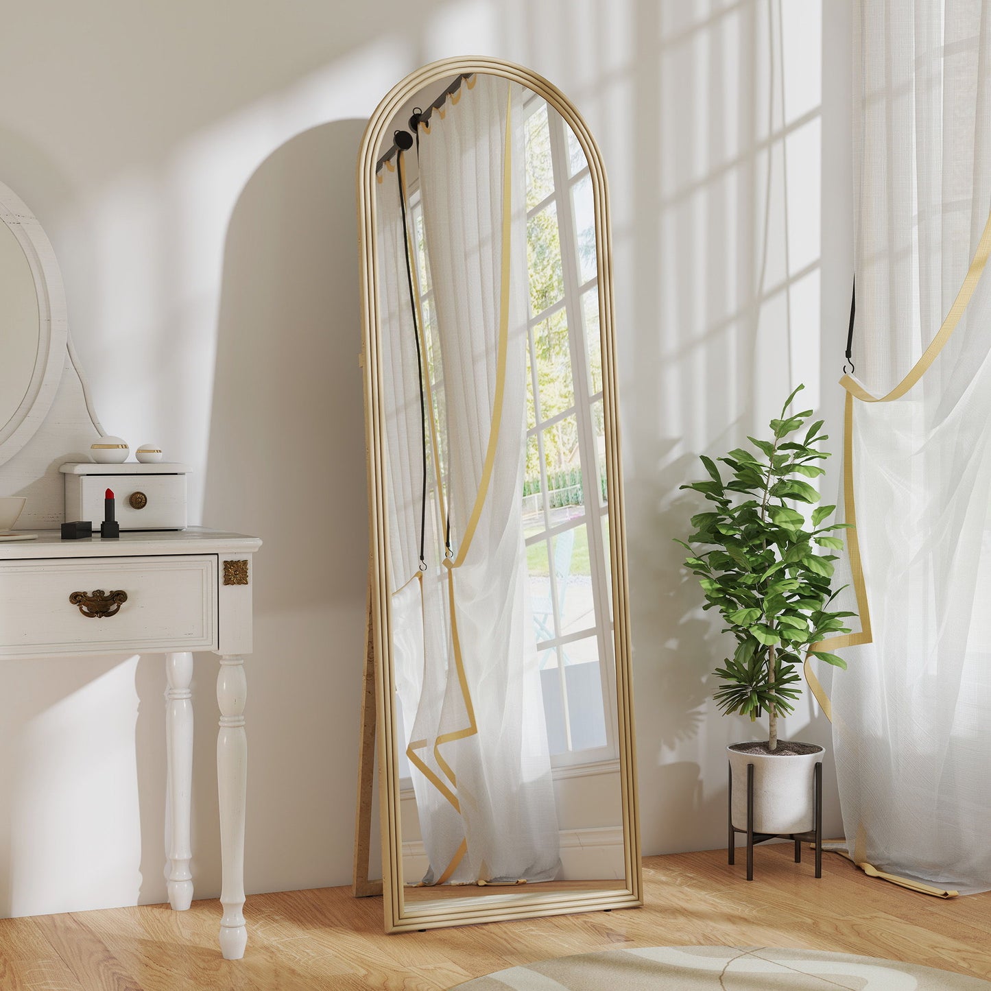 64" x 21" Full Length Mirror, Free Standing, Leaning or Wall, Arched Full Body Mirror with Faux Stone Frame, Beige