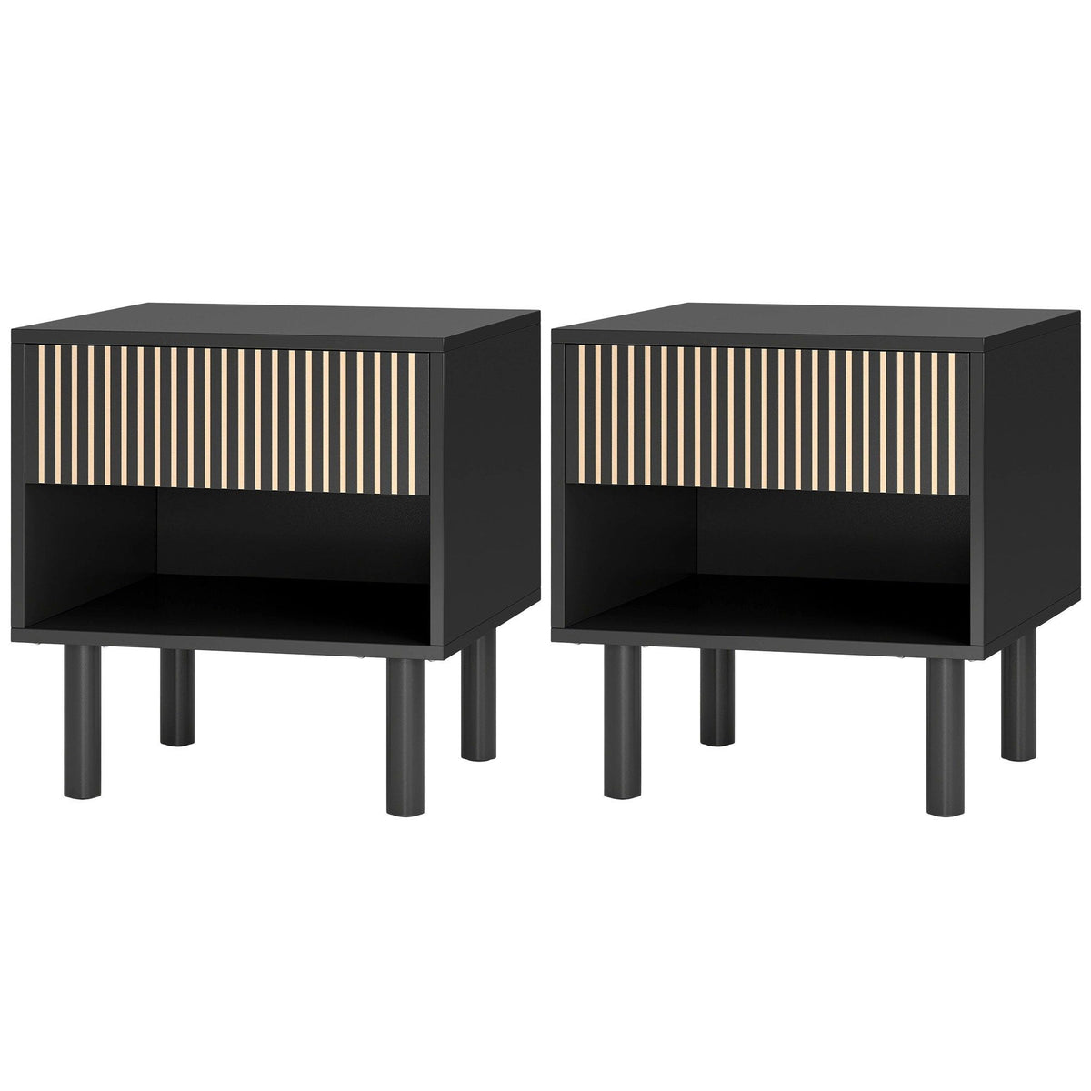Bedside Table Set of 2 with Drawer and Shelf - Black