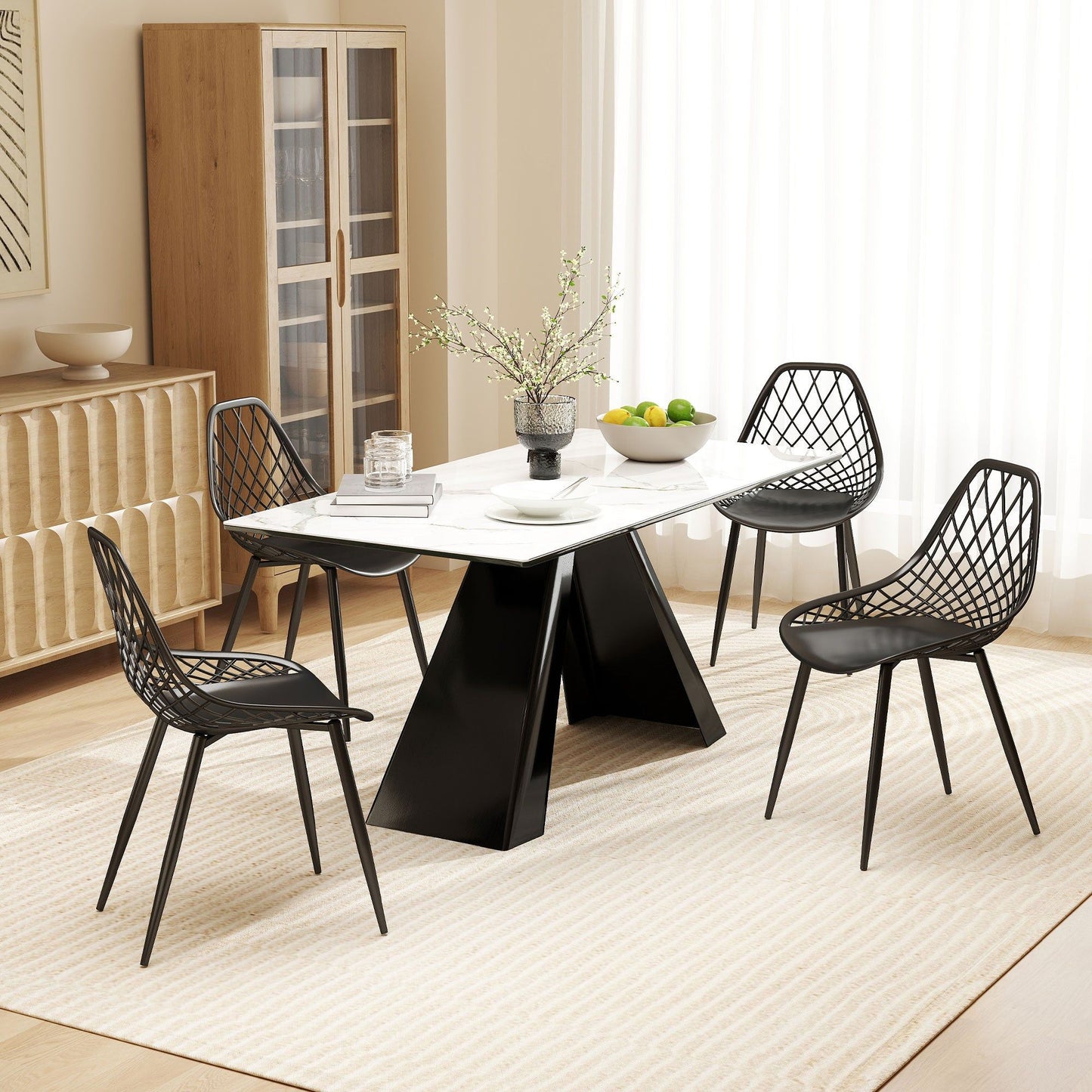 Dining Chairs Set of 4 with Hollow Backrest - Black