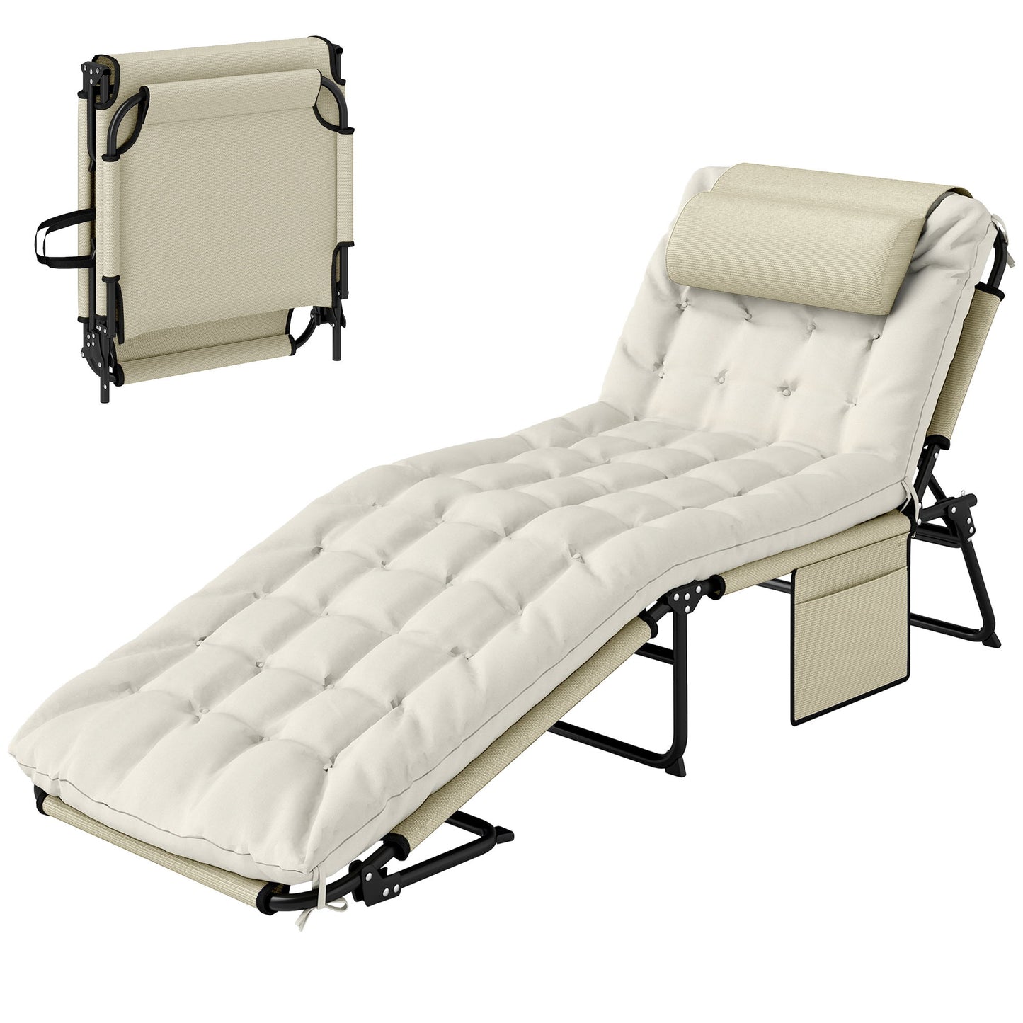 Folding Lounge Chair with 4-level Reclining Back & Cushion, Beige