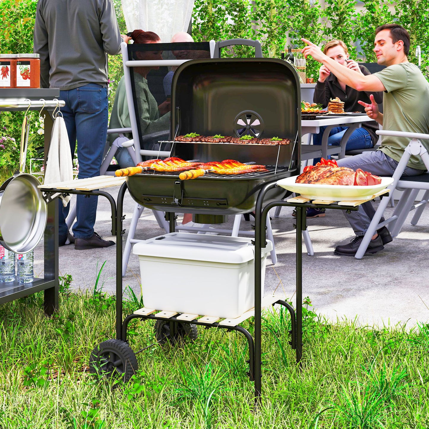 Charcoal BBQ Grill, BBQ Grill with 1840 cm² Cooking Area, 3 Shelves, Adjustable Vent, Lockable Lid, Wheels, Black
