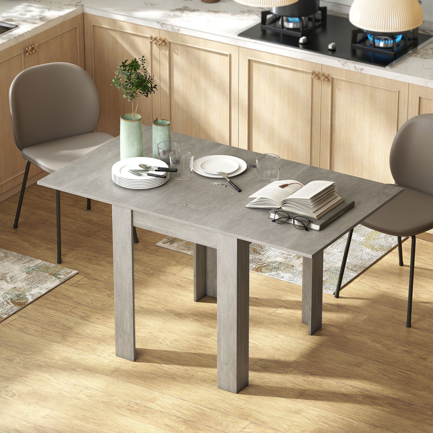 55" Extendable Dining Table for 4-6 Person, Kitchen Table with PU Handle and Felt Pads for Small Spaces, Grey