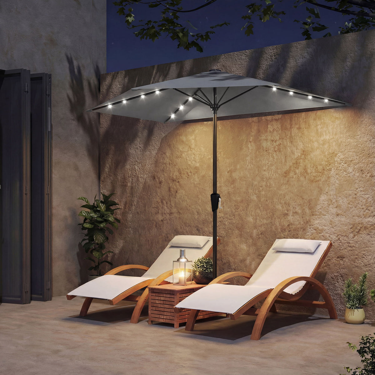 Half Outdoor Patio Umbrella with Solar LED Lights Half Umbrella with Crank 9ft Dark Grey