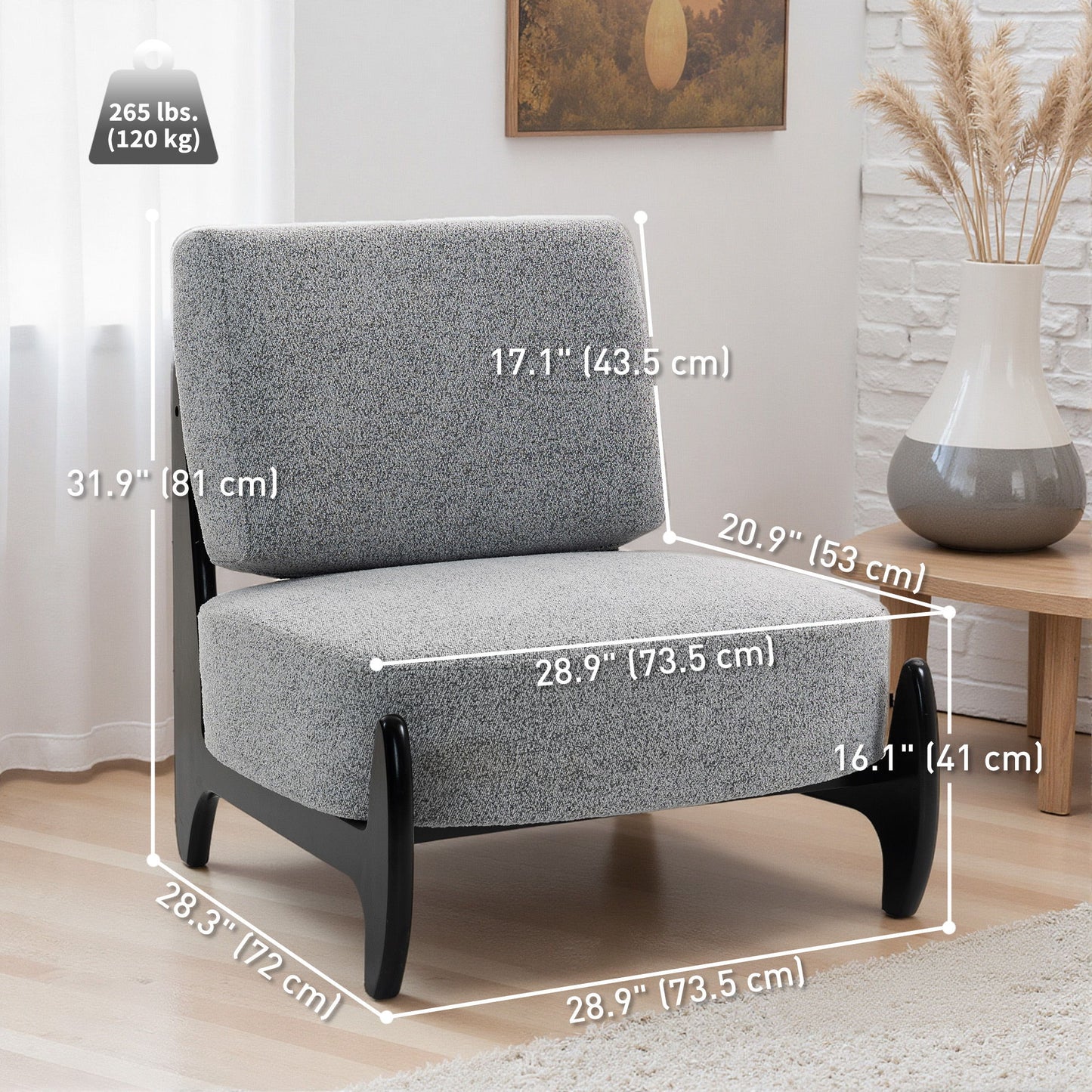 Accent Chair with Rubber Wood Frame, Wide Seat, Modern Chenille Bedroom Chair with Thick Cushion, Grey