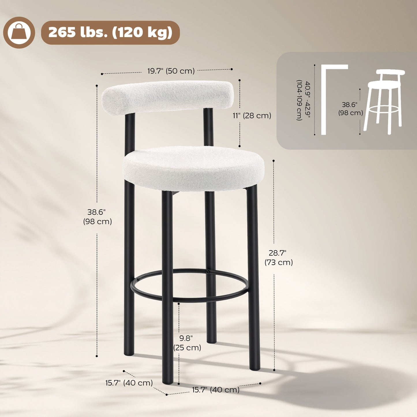 Bar Stools Set of 2, Sherpa Upholstered Barstools with Backrest, Bar Height Stools with Footrest for Kitchen Island