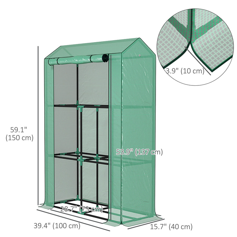 Green Mini Greenhouse with 3-Tier Shelves & Roll-Up Doors