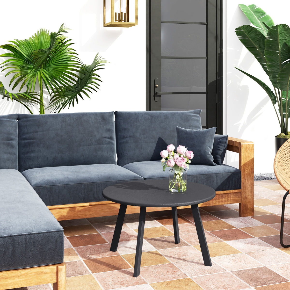 Round Outdoor Side Table, Patio Coffee Table with Metal Frame and Non-Slip Foot Pads, Charcoal Grey