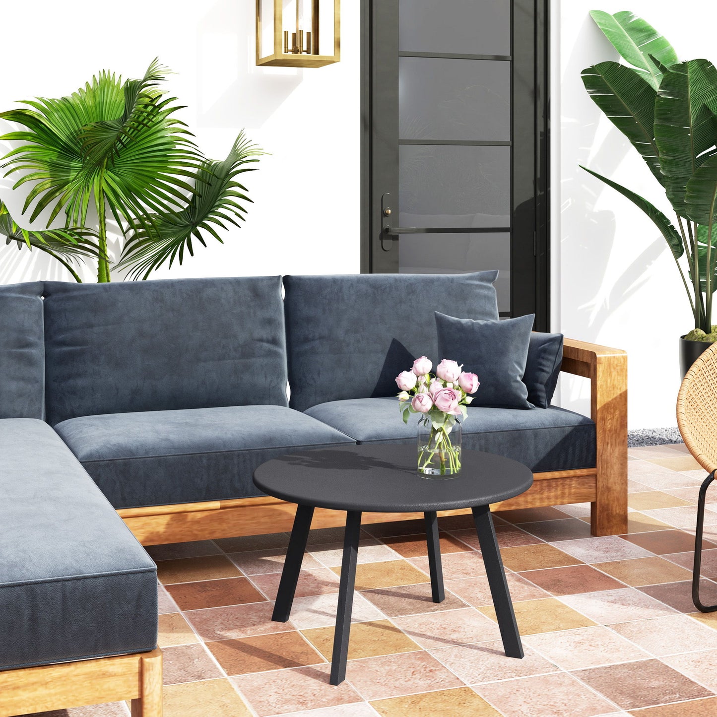 Round Outdoor Side Table, Patio Coffee Table with Metal Frame and Non-Slip Foot Pads, Charcoal Grey