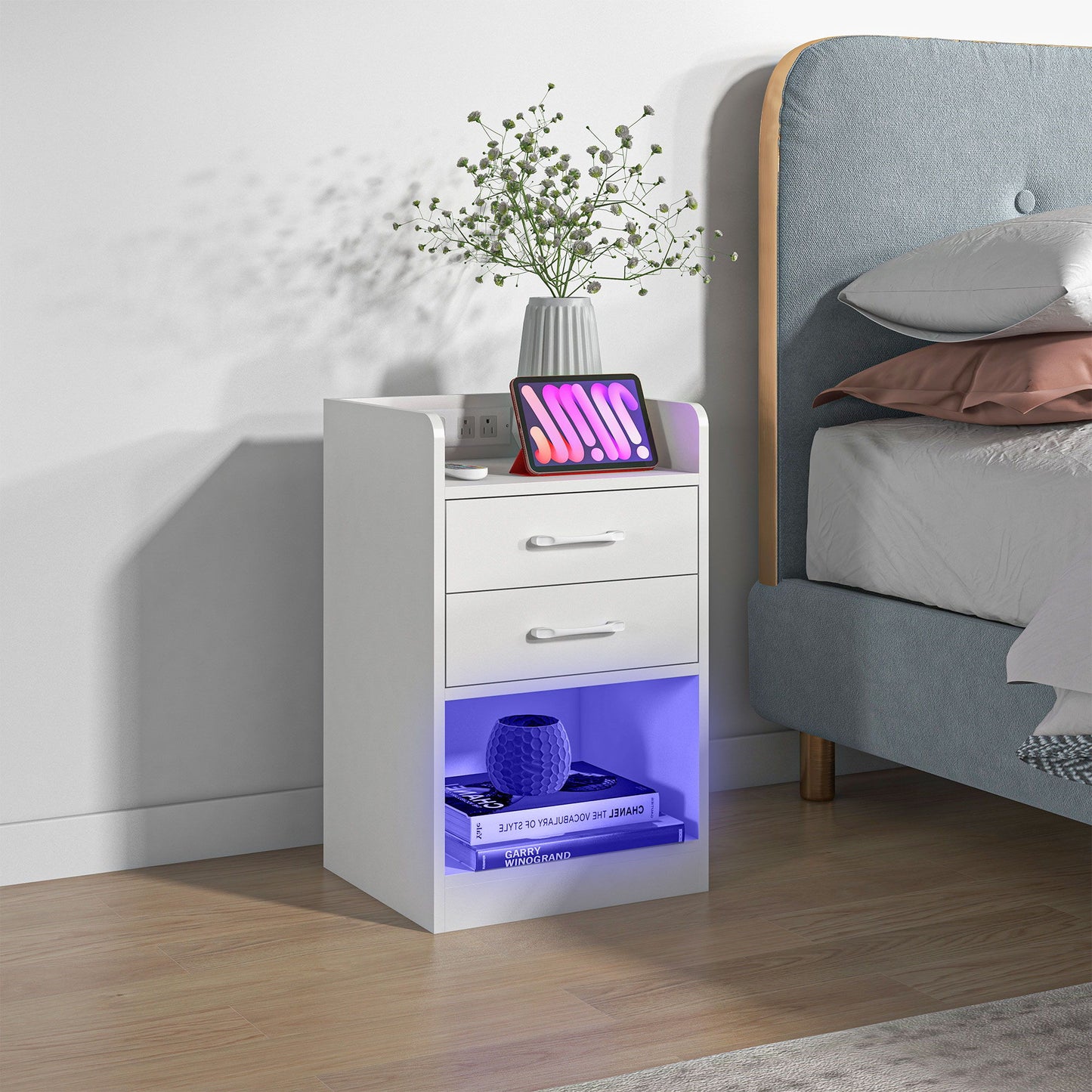 Tall Nightstand with Charging Station and LED Lights, Small Bedside Table with AC Outlets, USB Ports, 2 Drawers, Shelf