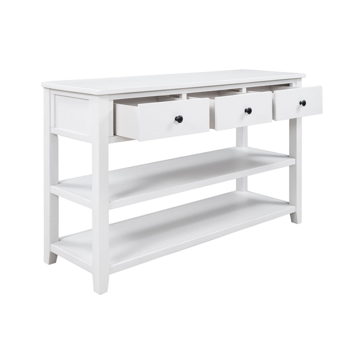 Mid-Century Retro Console Table with 2 Open Shelves, 3 Drawers, Pine Solid Wood Frame, Circular Handles, 50" L x 16" W x 30" H, White