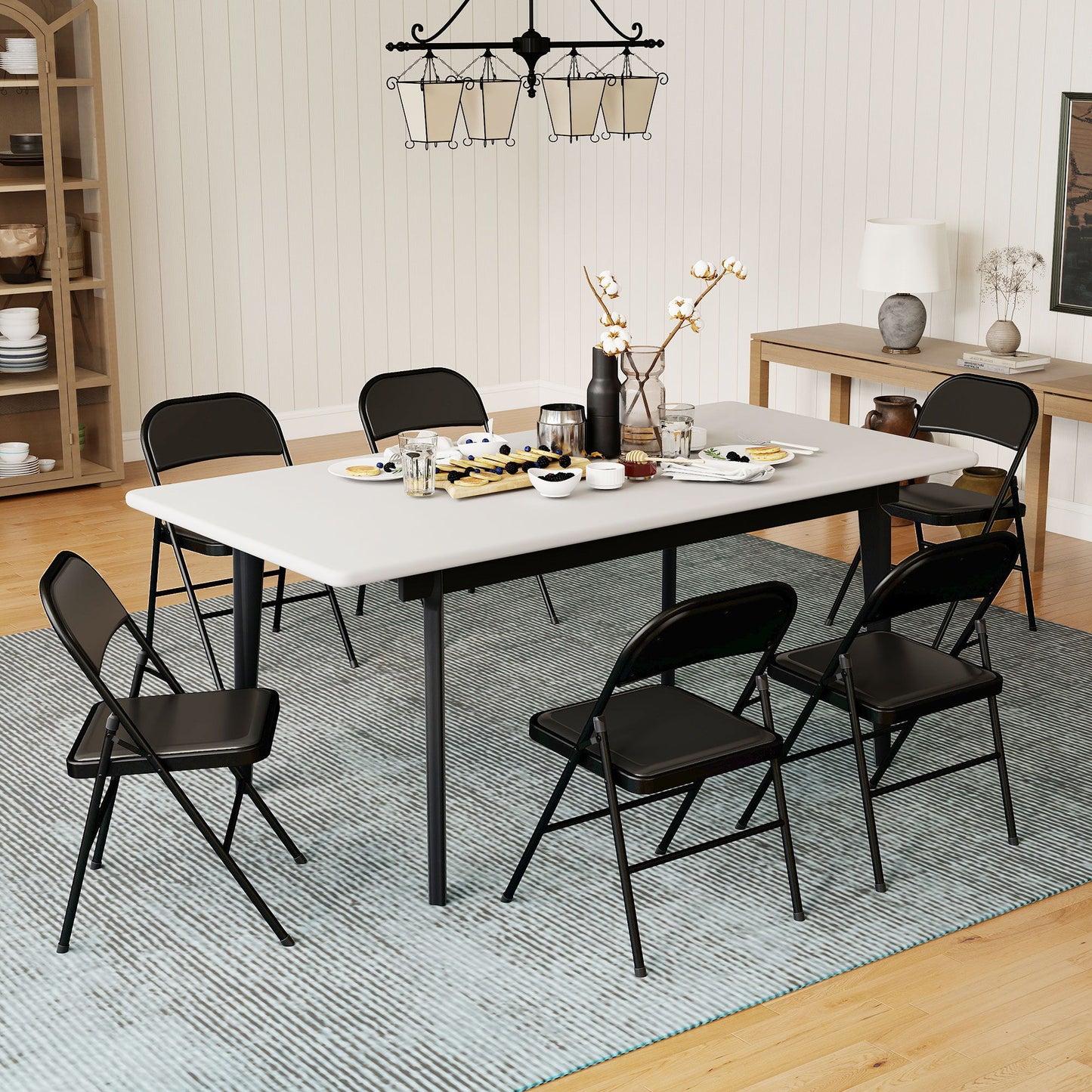 Set of 6 Metal Foldable Chairs, Faux Linen Padded Folding Chairs with Cushion Seat and Open Back for Indoor, Black