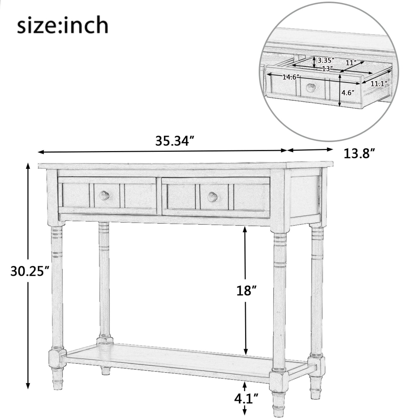 Daisy Series Console Table with Two Drawers and Bottom Shelf, Easy Assembly, Pine Wood Frame, 35.5" L x 14" W x 30" H, Ivory White