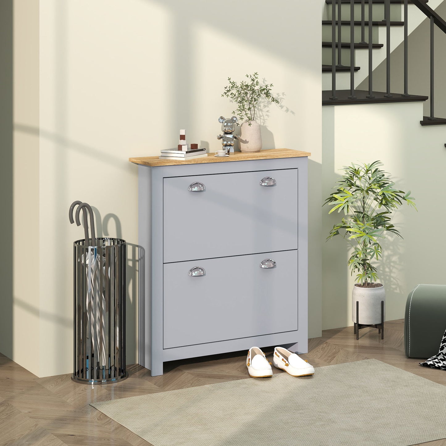 Entryway Shoe Cabinet with 2 Flip Drawers and Adjustable Shelves, 12 Pair Shoe Storage Organizer for Hallway, Grey