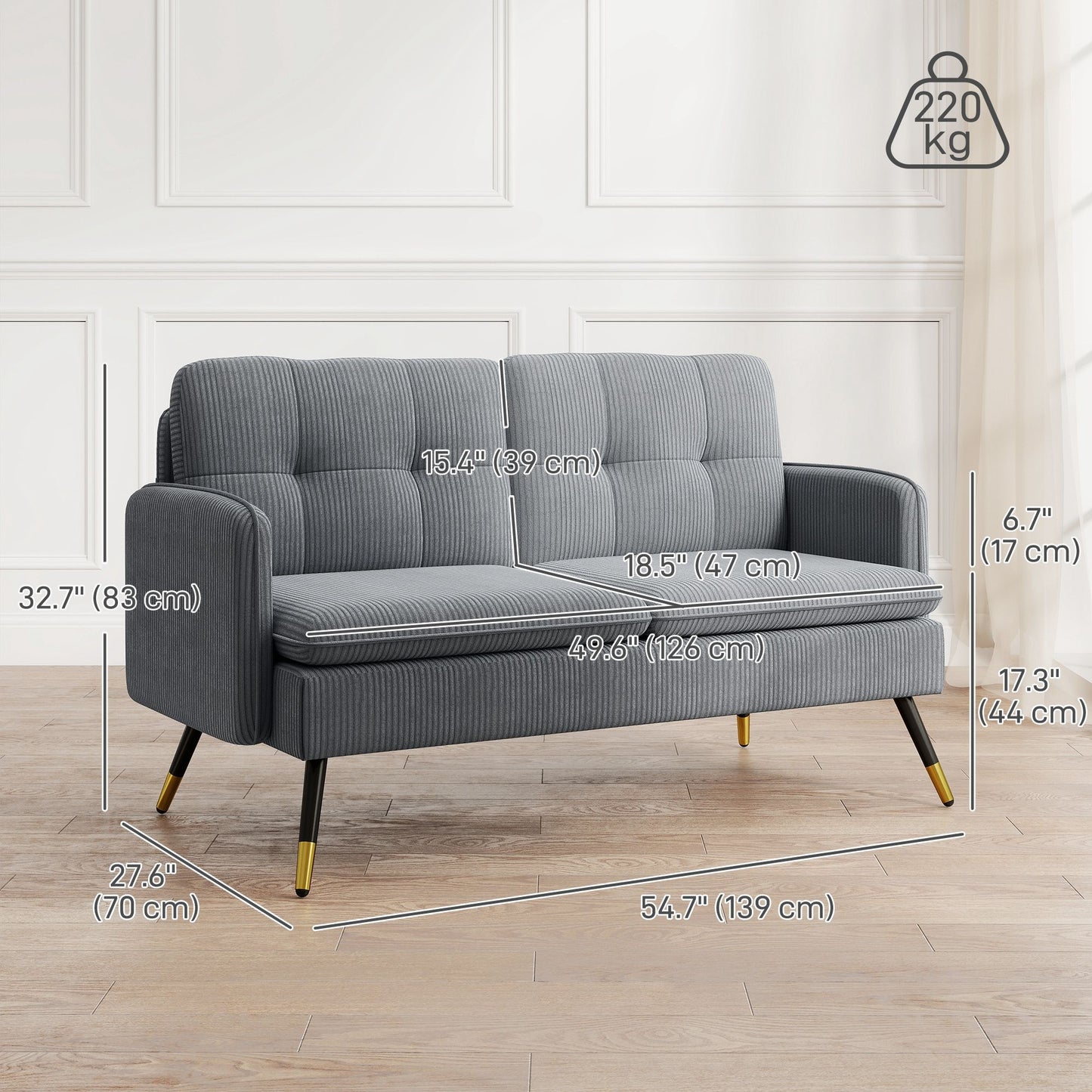 55" Loveseat Sofa, Corduroy Love Seat w/ S spring, Steel Legs and Button Tufting, Small Couch for Living Room, Dark Grey