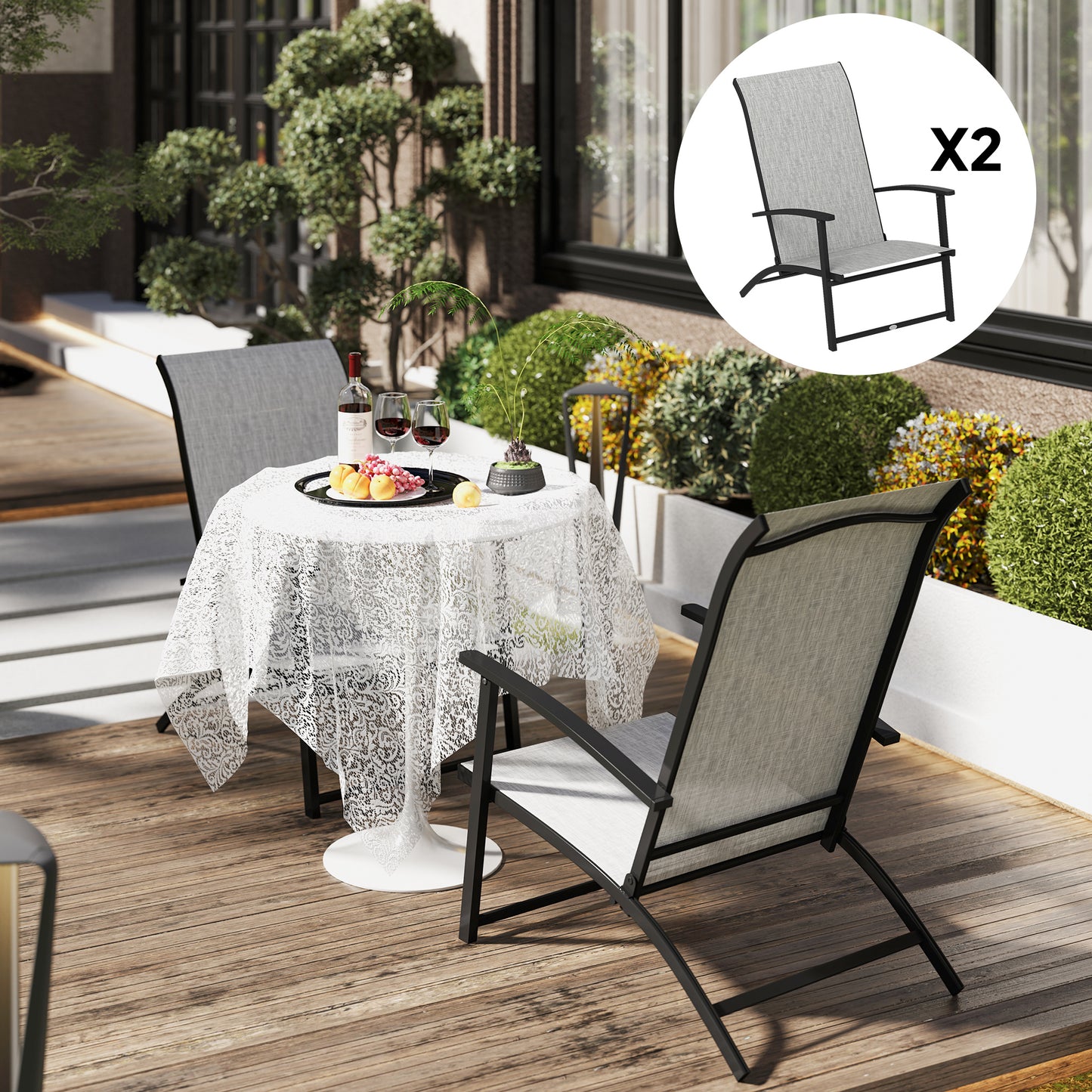 Set of 2 Folding Lawn Chairs, Outdoor Folding Chairs with Armrests, High Backrest for Backyard Balcony, Grey