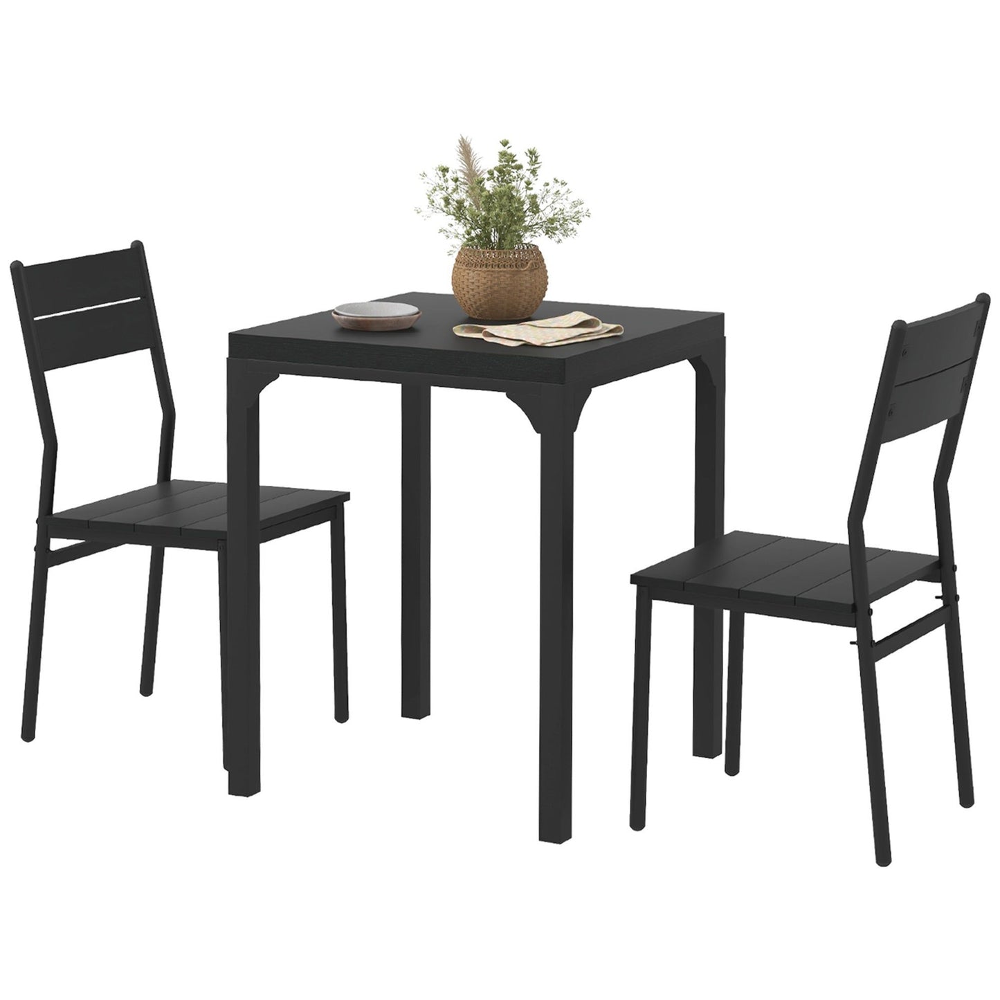 3-Piece Dining Table Set for 2 with Metal Legs - Black