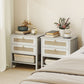 Set of 2 Boho Bedside Tables, Rattan Nightstands with 2 Drawers, Storage Shelf, End Side Tables for Bedroom, White Oak