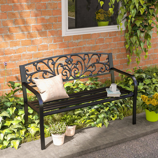 50" 2-Seater Garden Bench Chair, Outdoor Blossoming Pattern Garden Decorative Loveseat Bench for Yard, Lawn, Porch, Black