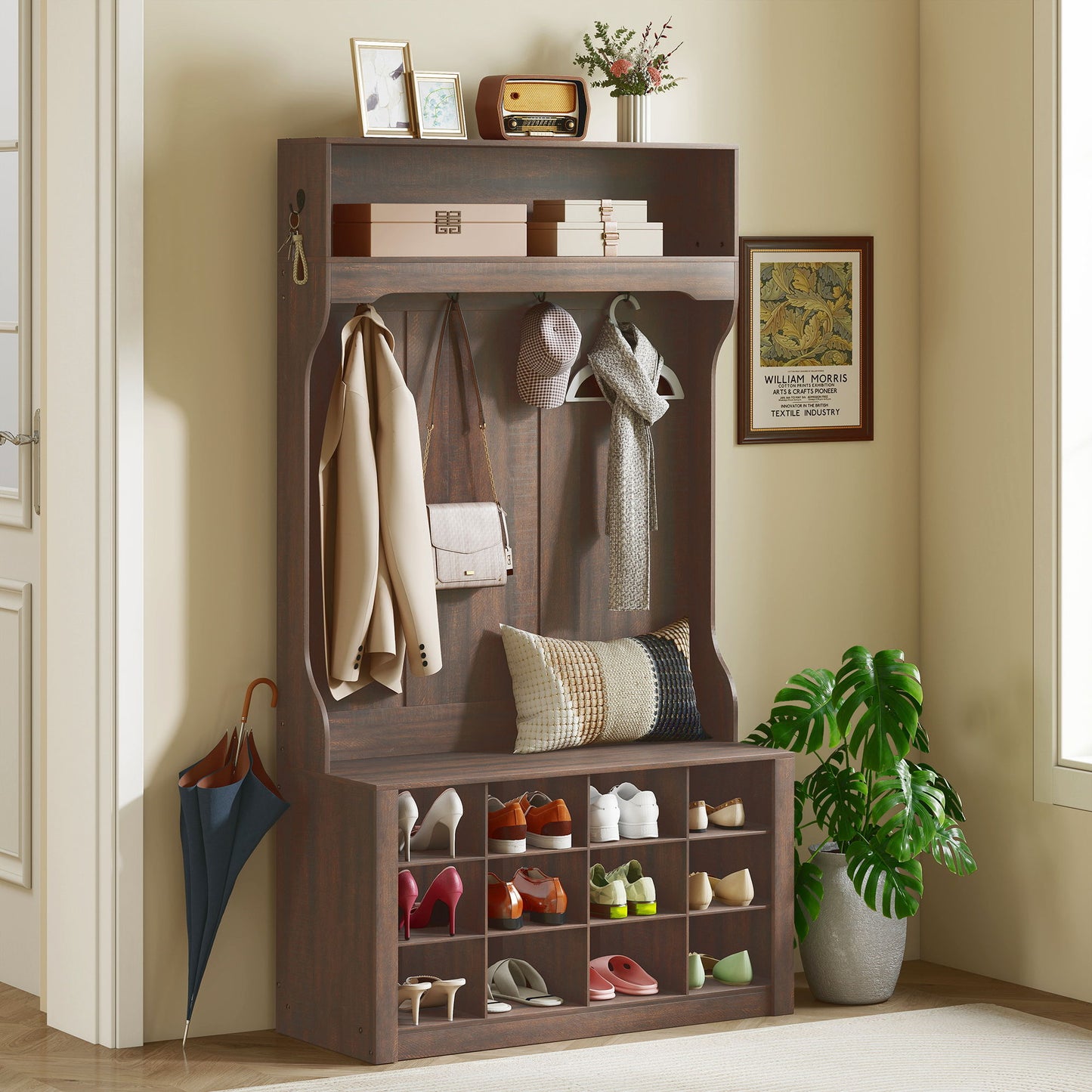 4-In-1 Hall Tree with Bench and Shoe Storage, Farmhouse Coat Rack Shoe Bench with 12 Shoe Cubbies, 6 Hooks, Dark Brown