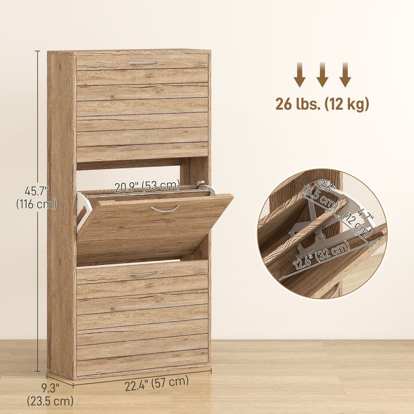 Shoe Storage Cabinet with 3 Flip Drawers, Narrow and Slim, 12 Pair of Shoes Organizer for Hallway, Entryway, Oak