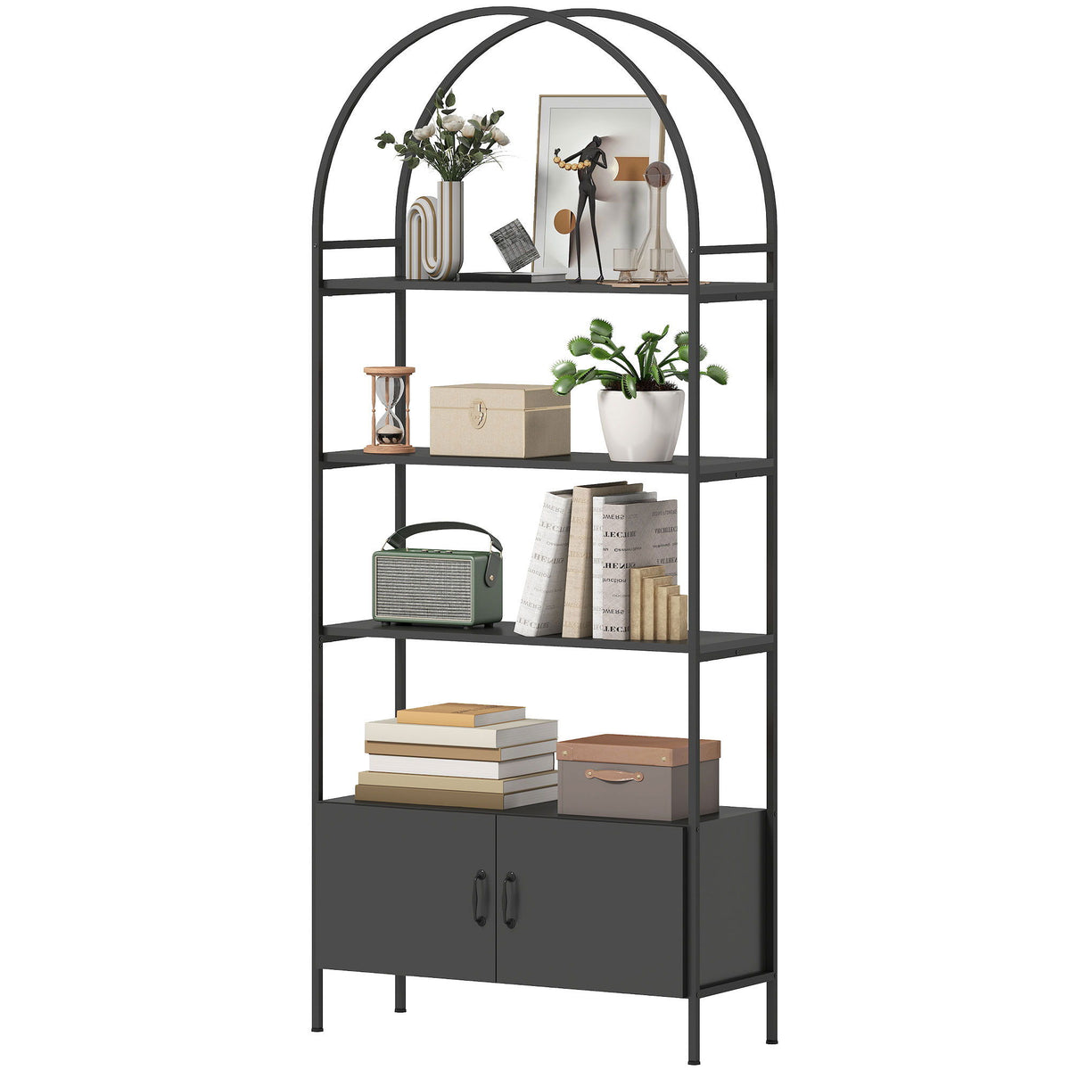 4-Tier Arched Shelving Unit with Cabinet, Bookshelf for Living Room, Office, 31.5" x 11.8" x 73.6", Black
