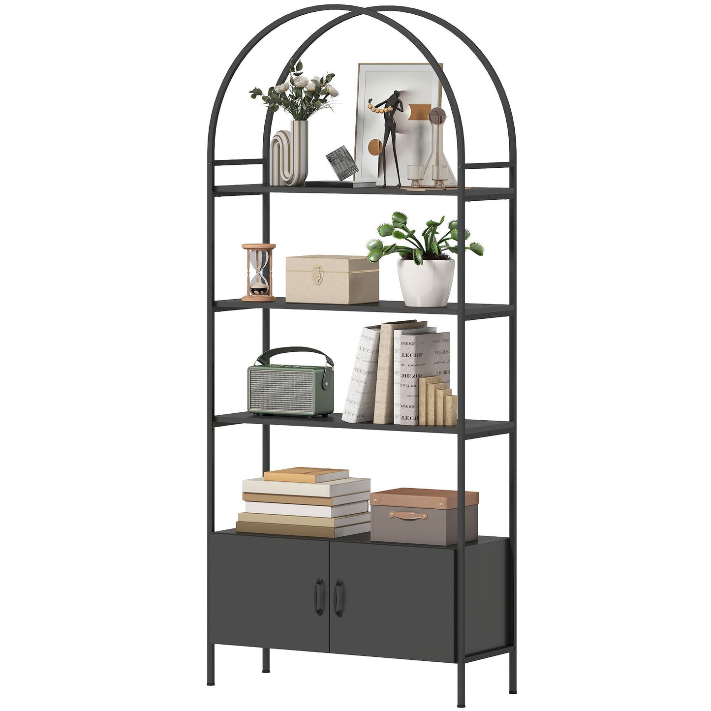 4-Tier Arched Shelving Unit with Cabinet, Bookshelf for Living Room, Office, 31.5" x 11.8" x 73.6", Black