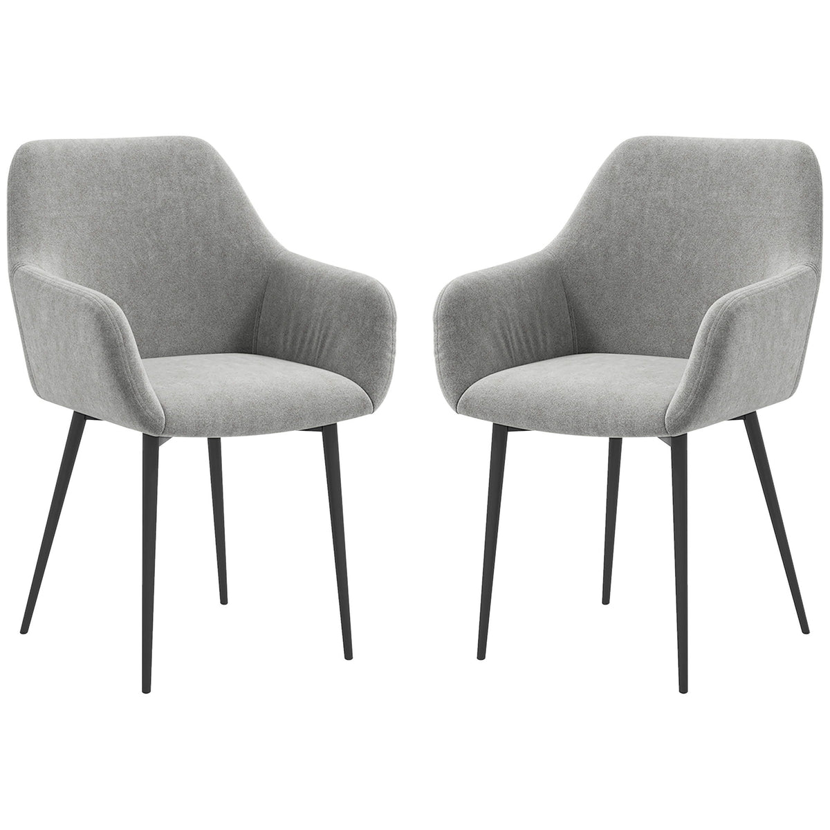 Dining Chairs Set of 2, Velvet-look Fabric Upholstered Kitchen Chairs with Backrest, Armrests and Steel Legs, Dark Grey