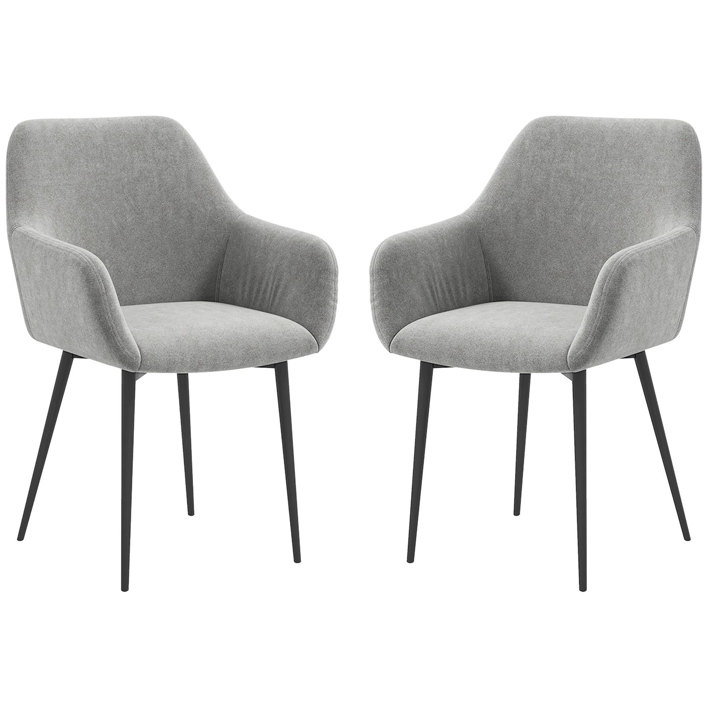 Dining Chairs Set of 2, Velvet-look Fabric Upholstered Kitchen Chairs with Backrest, Armrests and Steel Legs, Dark Grey