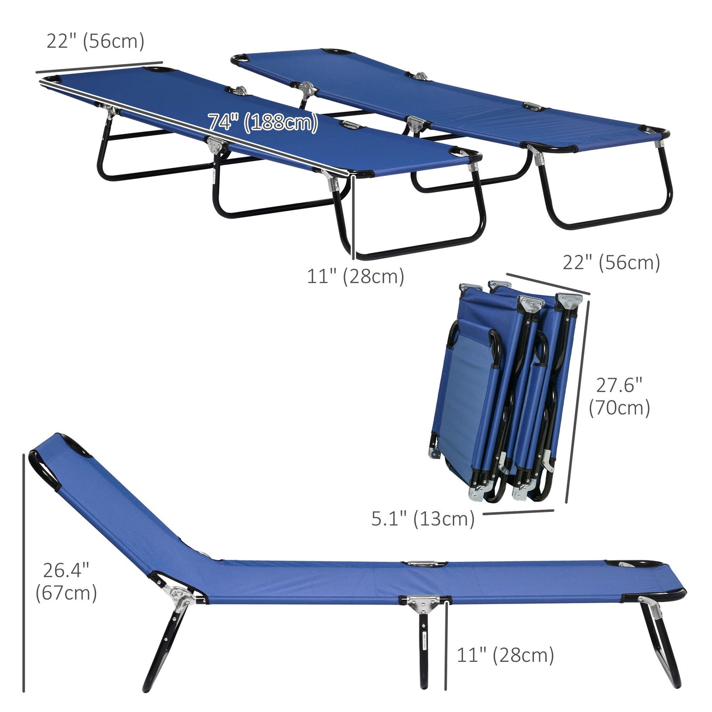 Set of 2 Folding Outdoor Lounge Chair, Sun Tanning Chairs with Reclining Back, Breathable Mesh for Beach Patio, Blue