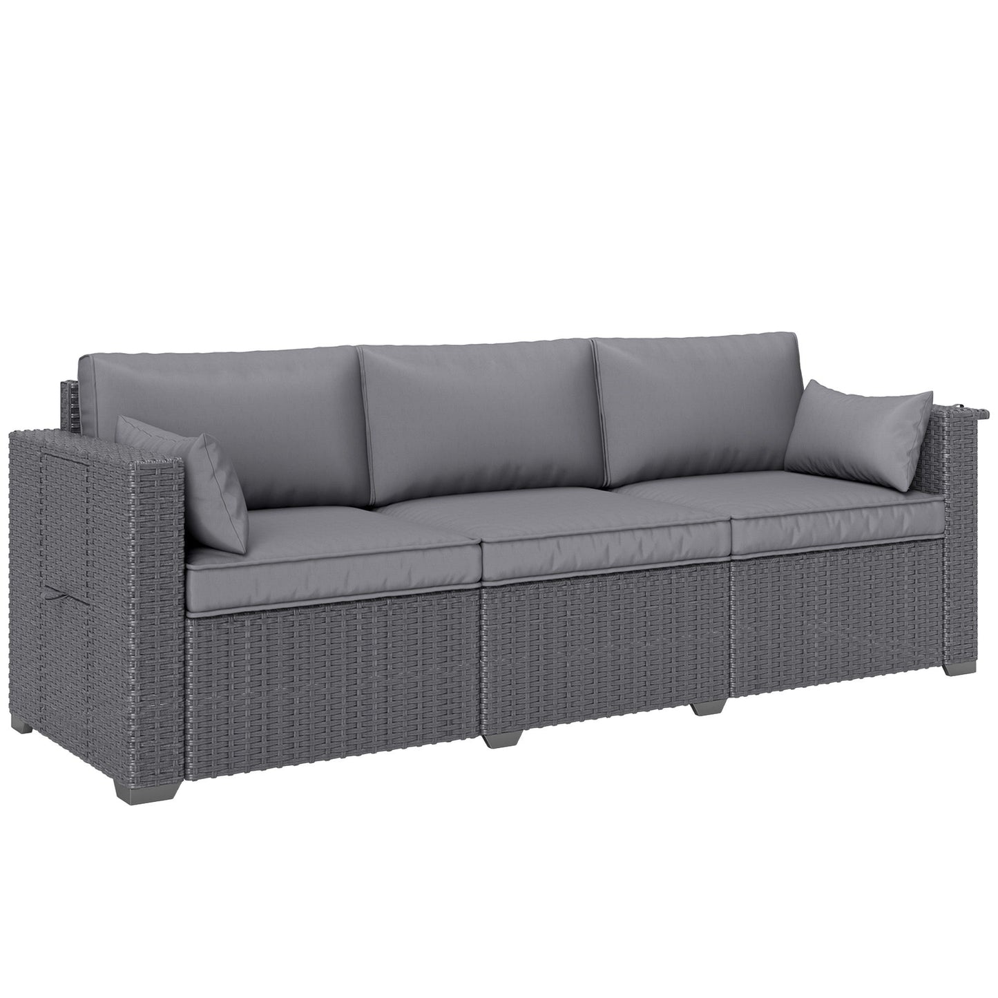 3 Seater Wicker Patio Sofa with Side Trays, Outdoor Couch with 6" Thick Back Cushions, Deep Seating, Grey