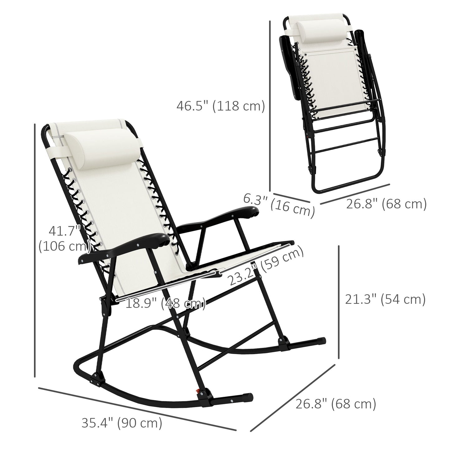 2pc Patio Foldable Rocking Chair Set w/ Breathable Mesh Seat & Backrest, Headrest for Park, Backyard, Garden, Cream