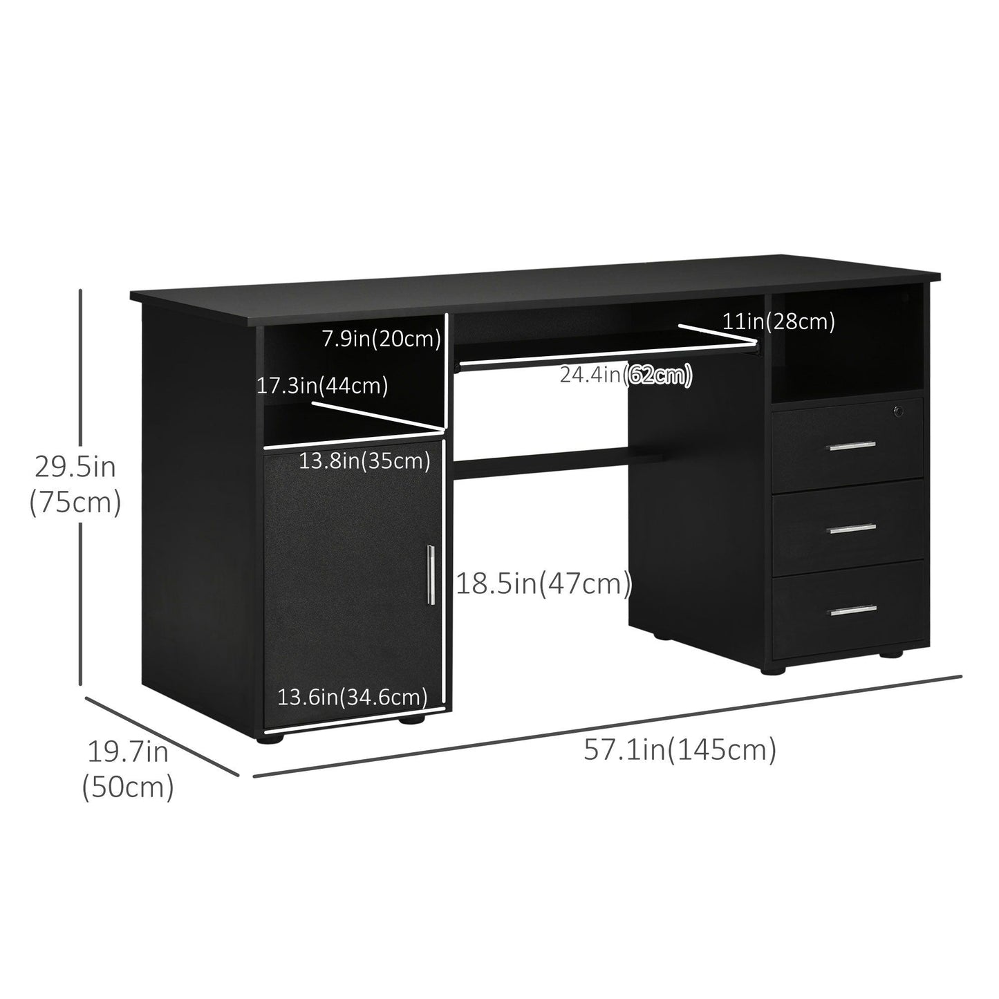 57" Computer Desk with Lockable Drawer - Black