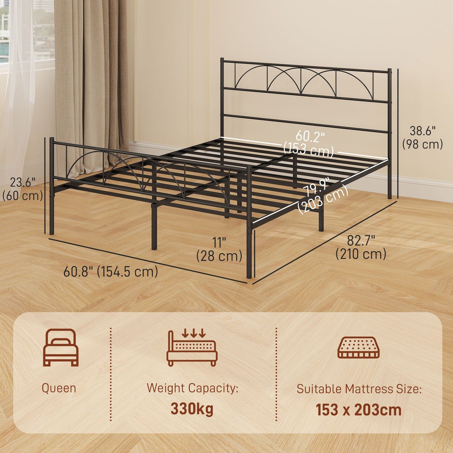 Metal Queen Platform Bed with Headboard and Storage - Black
