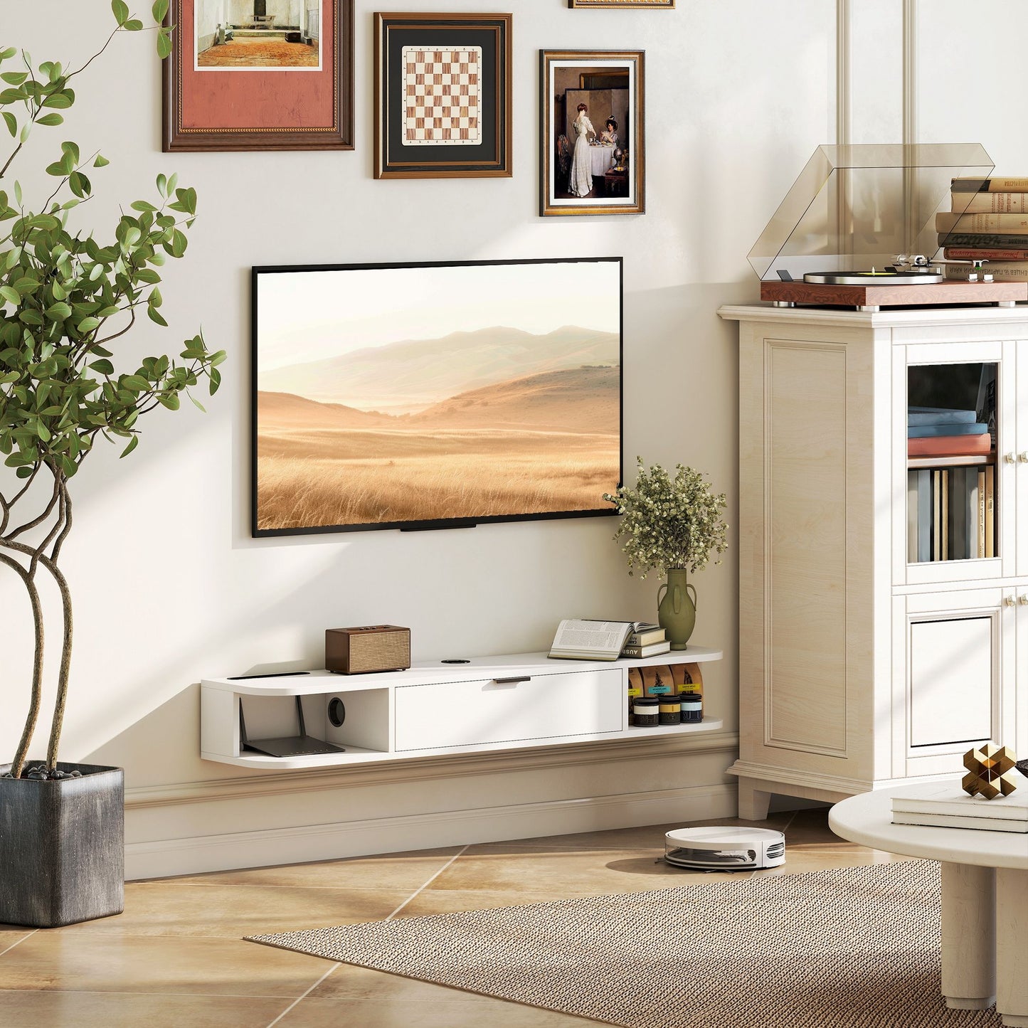 47" Floating TV Stand for TVs up to 50 Inch, Wall Mounted Media Console with Flip Drawer and 2 Open Shelves, White