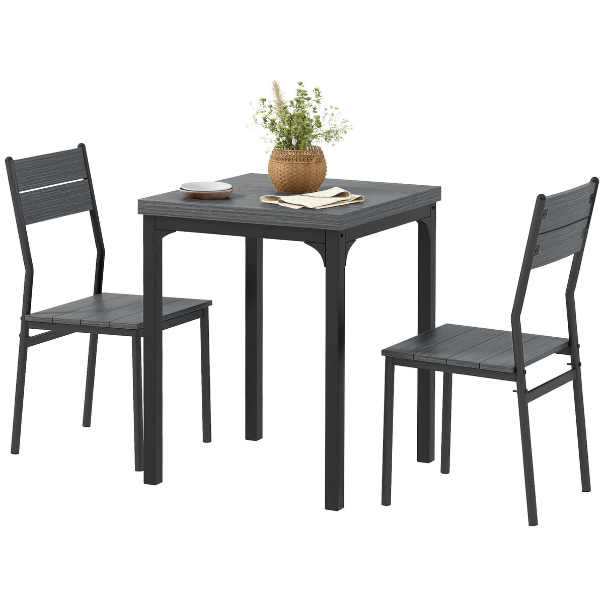 Dining Table Set for 2, 3 Piece Kitchen Table and Chairs with Metal Legs for Small Spaces, Grey Wood Effect