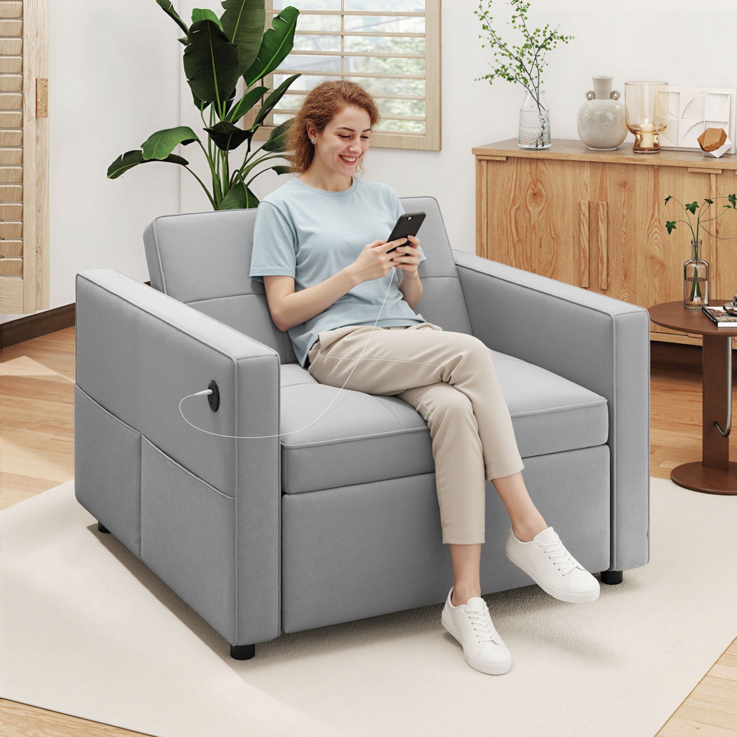 Convertible Chair Bed, Pull Out Sleeper Chair with USB, Adjustable Backrest, Small Velvet Futon Sofa Bed, Grey