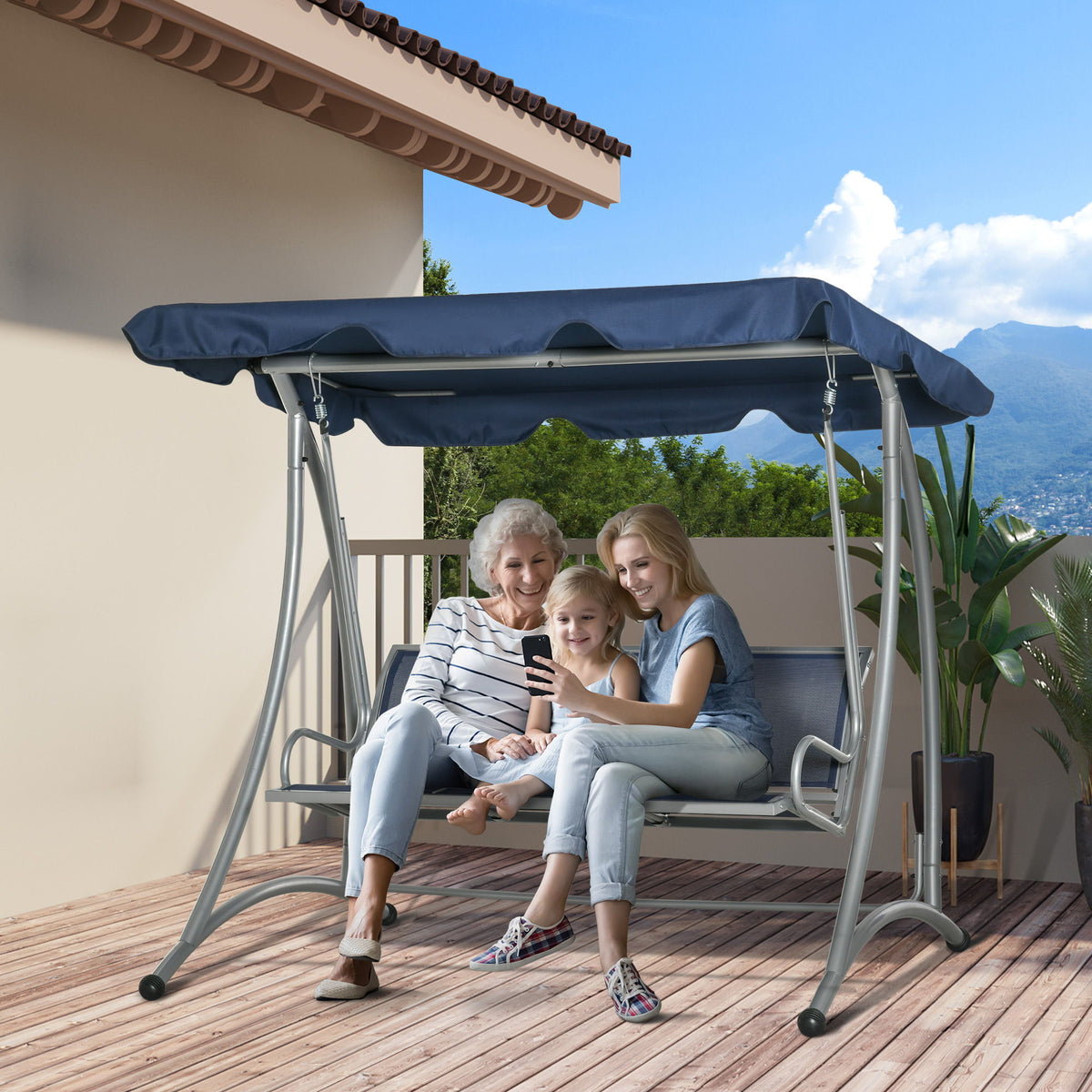 3-Seater Outdoor Swing Chair Bench with Adjustable Canopy, Dark Blue