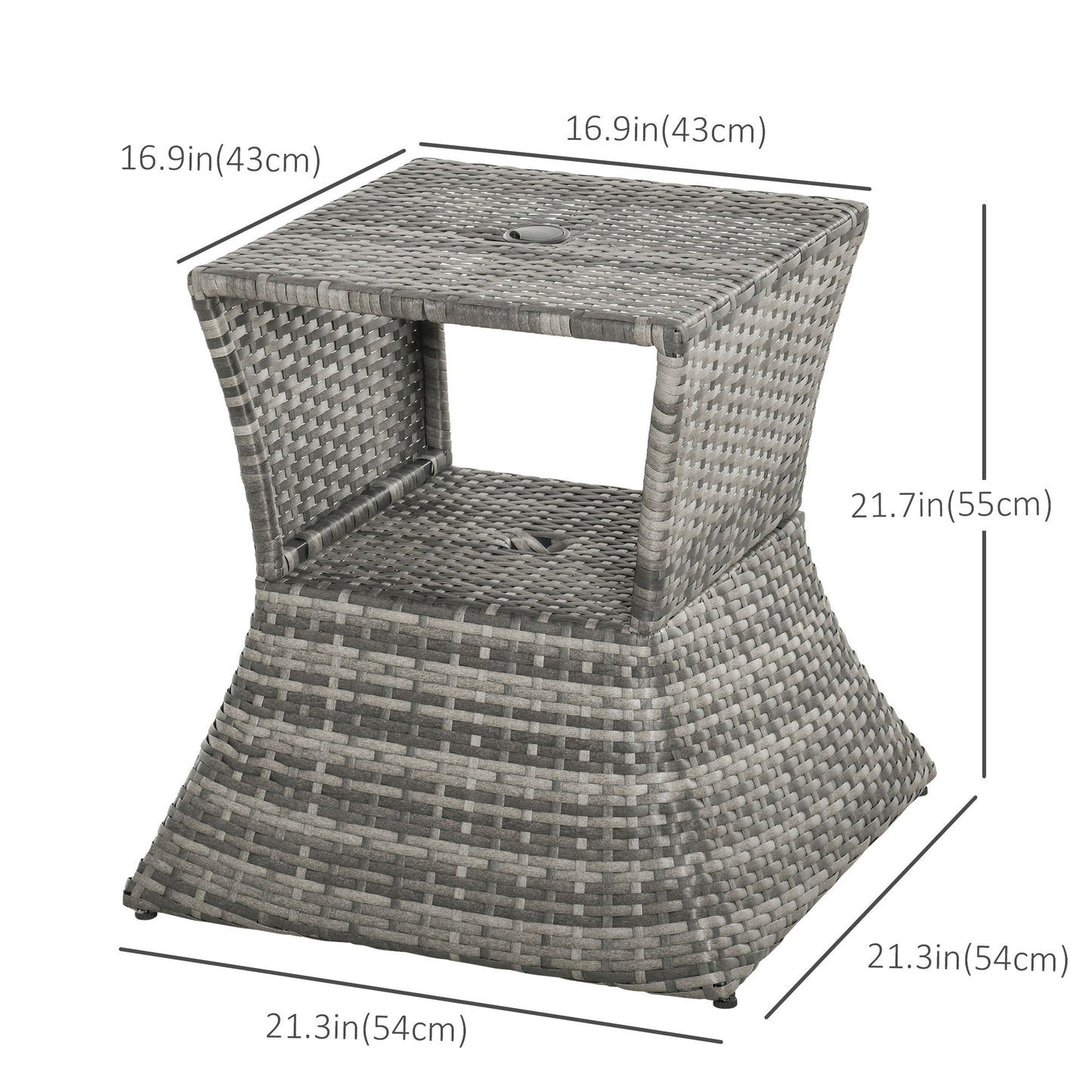 Rattan Wicker Side Table, 21.3" Square Outdoor End Table with Umbrella Hole 2-Tier Storage for Patio Garden Mixed Grey