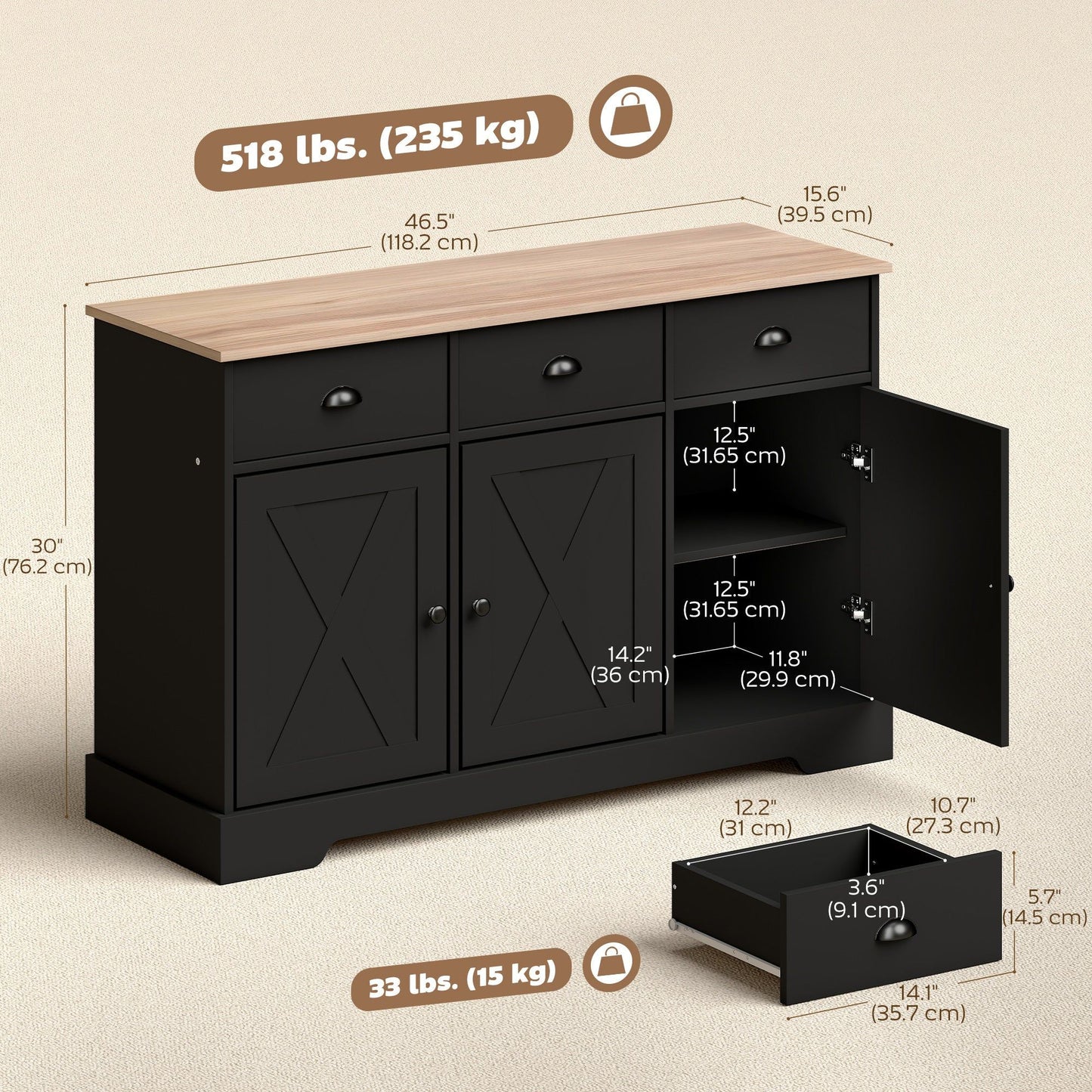 46.5" Farmhouse Buffet Sideboard with 3 Barn Doors - Black