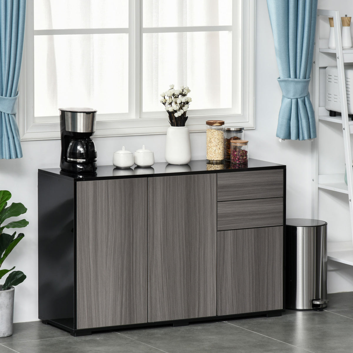 Kitchen Sideboard Storage Cabinet, Modern Coffee Bar with Push-Open Design and 2 Drawers for Living Room, Black