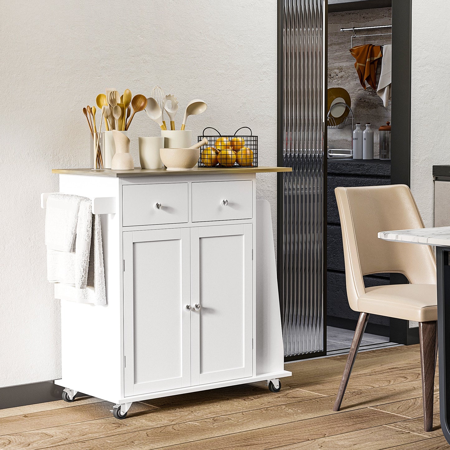 Rolling Kitchen Island Trolley Storage Cart with Rubber Wood Top, 3-Tier Spice Rack, Towel Rack Home Kitchen Carts, White