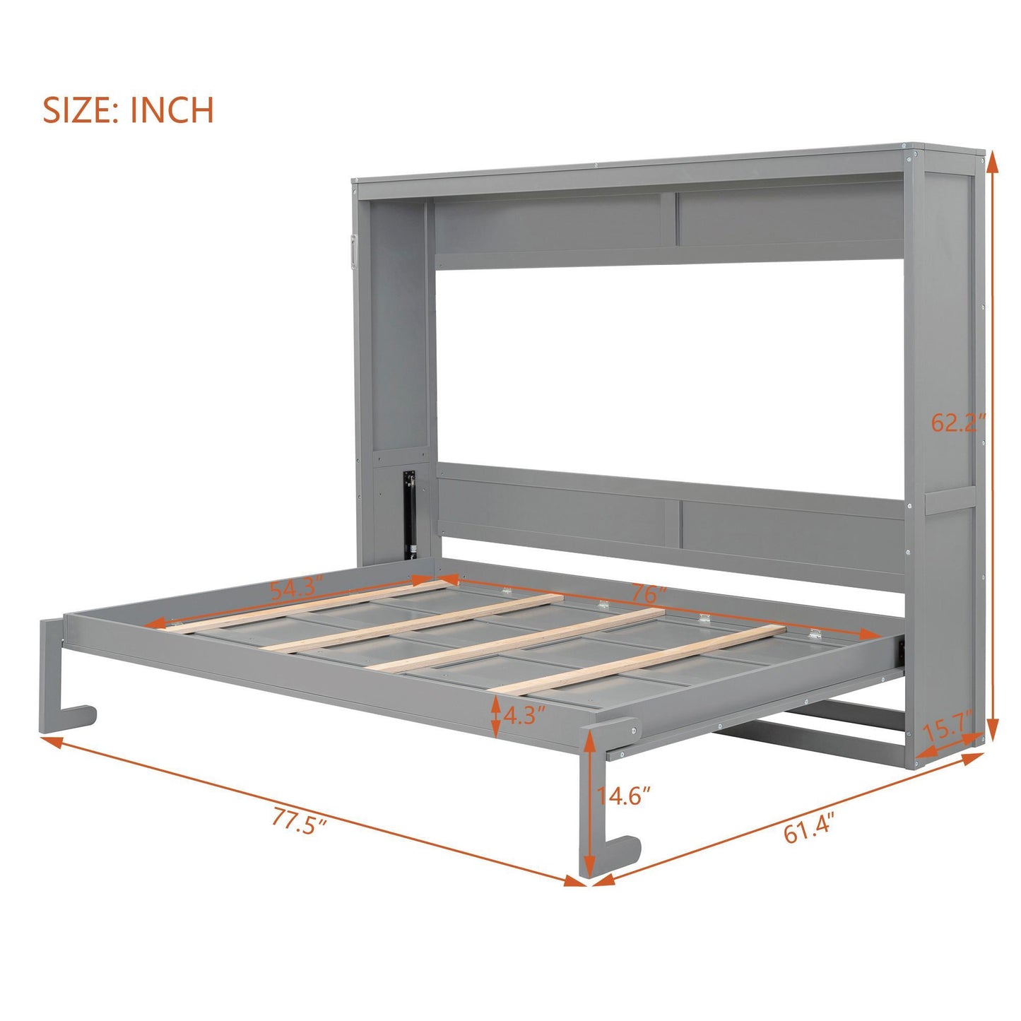Full Size Murphy Wall Bed with Slatted Mattress Support, Space-Saving Cabinet Bed with Dual-Piston Lift, 77.5'' L x 61.5'' W x 62'' H, Gray