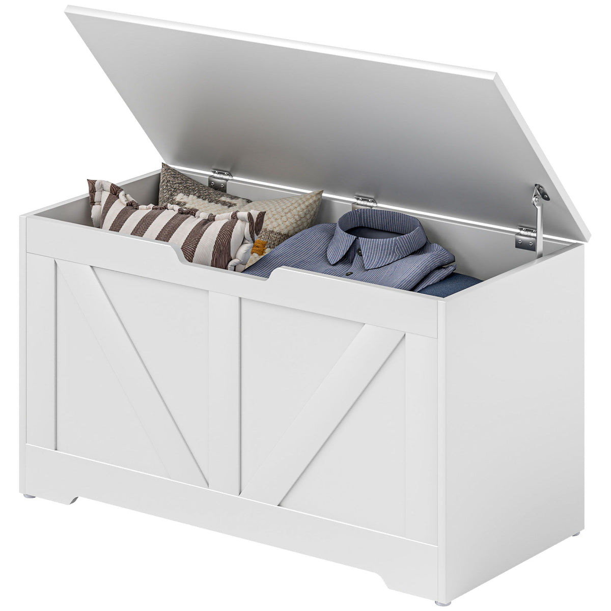 31.5 Inches Storage Chest, Storage Trunk with 2 Safety Hinges, Wooden Box for Living Room, White Wood Grain