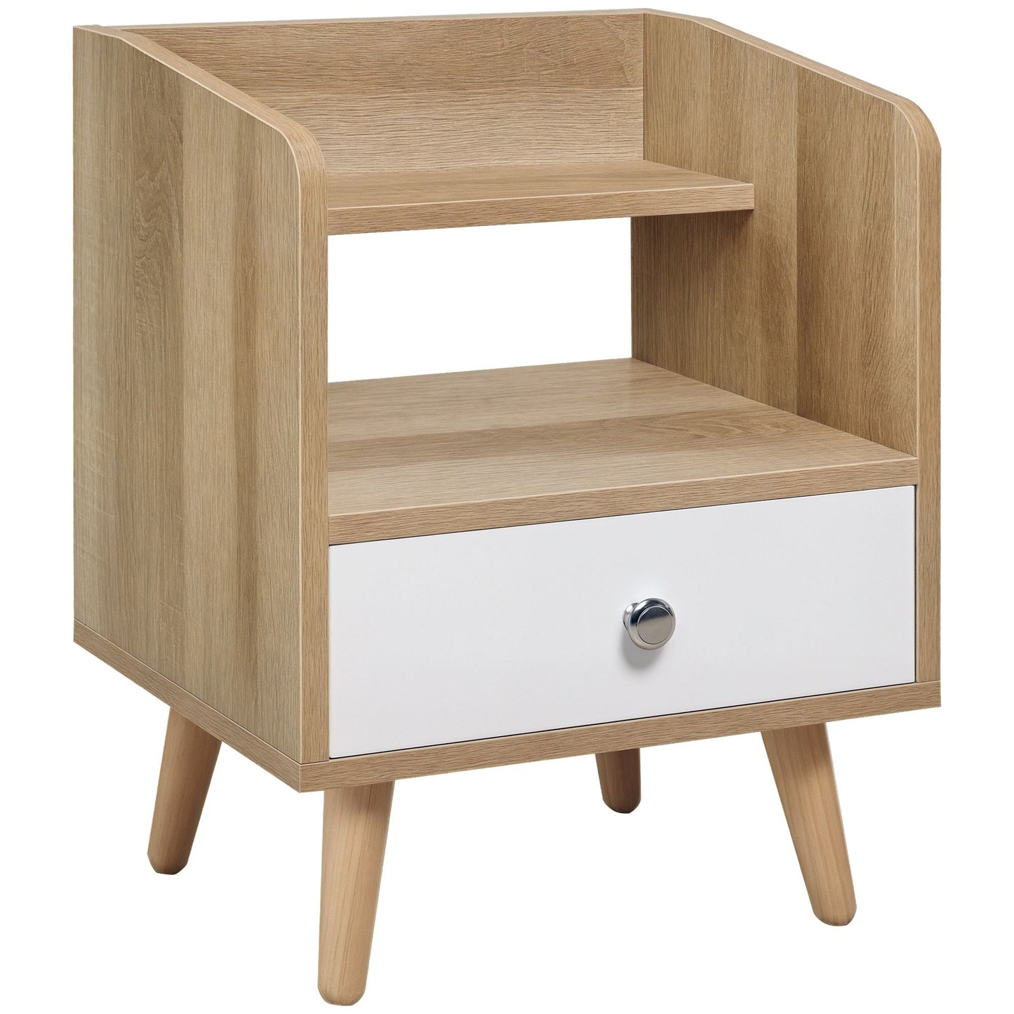 Bedside Table with 2-tier Shelf and Drawer, Side End Table with Storage for Living Room, Bedroom, Natural