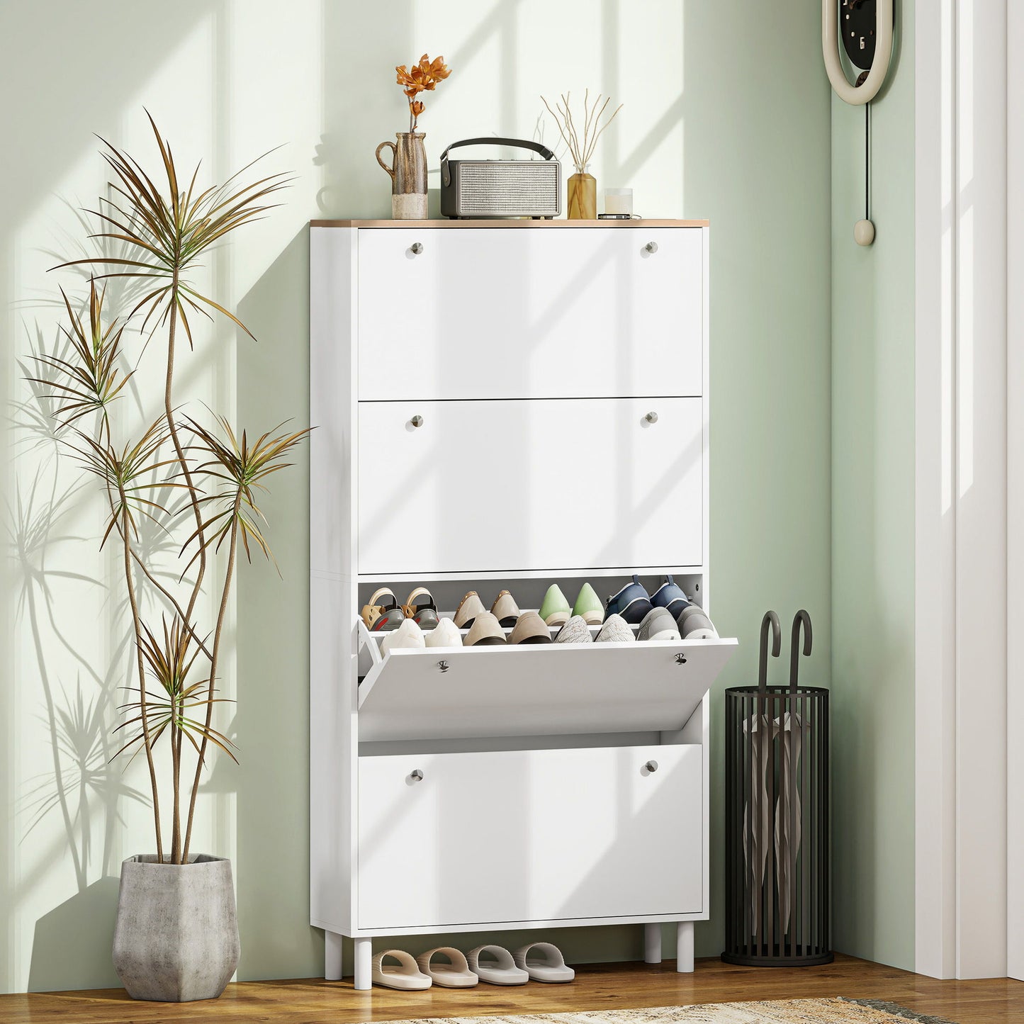 Narrow Shoe Cabinet with 4 Flip Drawers, Shoe Storage Cabinet with Adjustable Shelves, Holds 24–32 Pairs, White