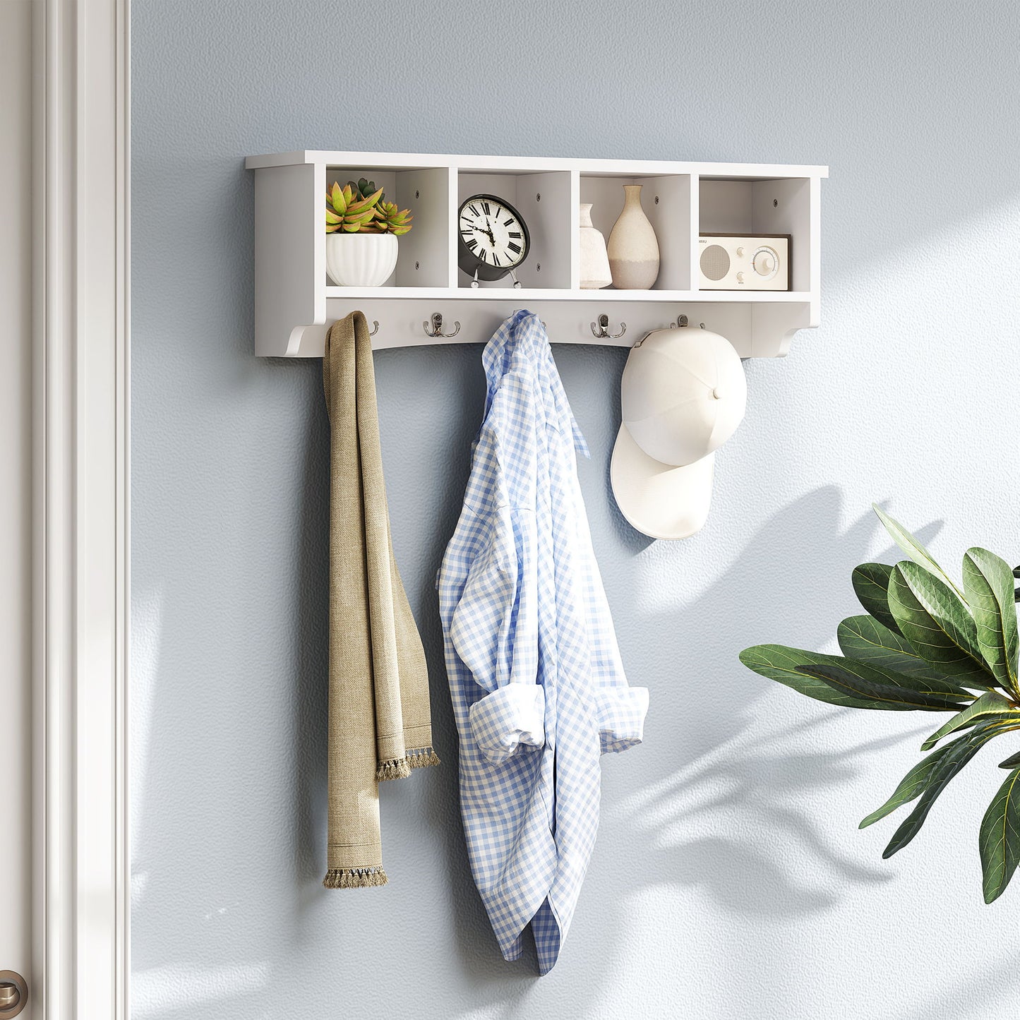 Coat Rack Wall Mount with Shelf, 28" Wall Coat Rack with 5 Hooks and 4 Compartments for Living Room, Entryway, White