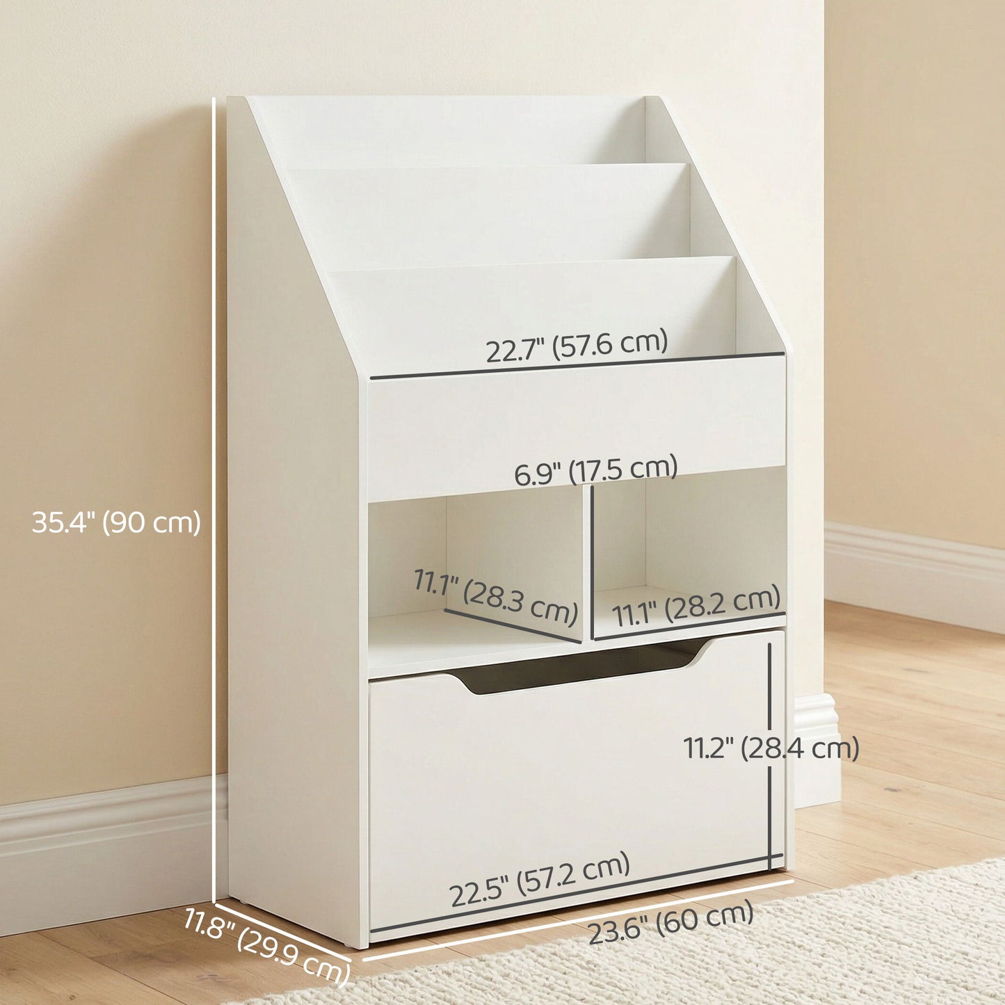 Kids Bookshelf Bookcase, Montessori-Inspired Multi-Shelf Rack Organizer with Moveable Drawer for Books for Reading Nook, Classroom, Bedroom, Playroom, White