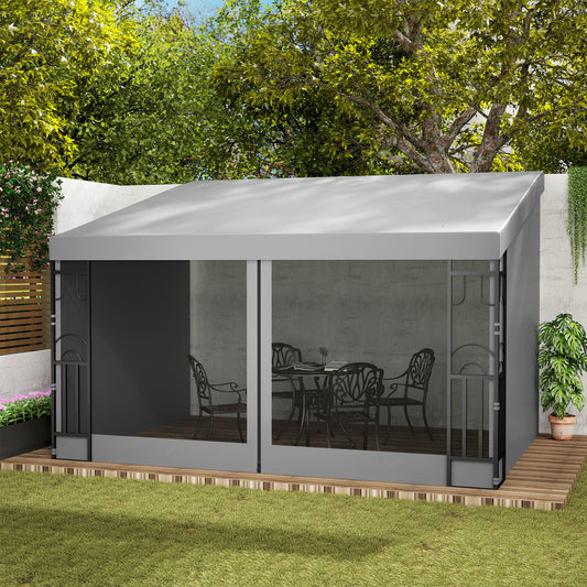 10' x 13' Wall Pergola, Outdoor Gazebo with 2 Curtains and 2 Nettings, UV Resistant, for Patio, Deck, Light Grey